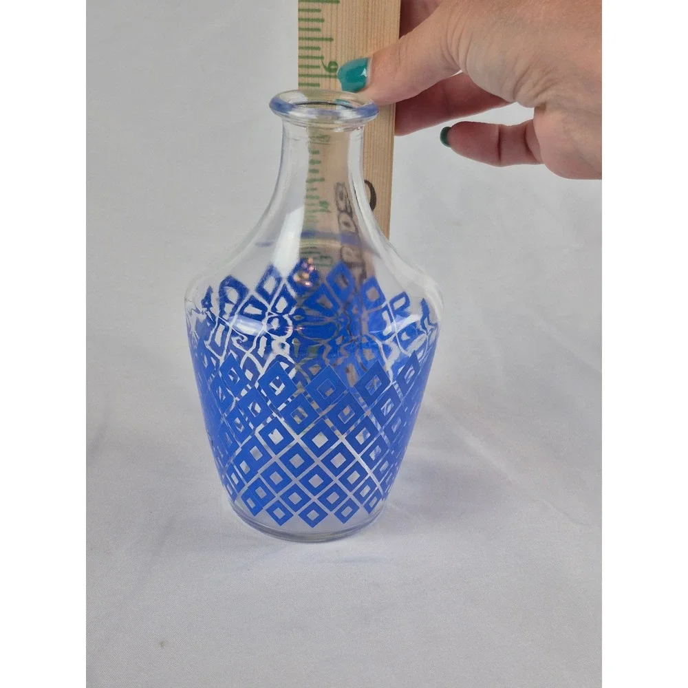 Vintage French Blue Diamond Glass Carafe Decanter Cobalt Lattice MCM Bud Vase